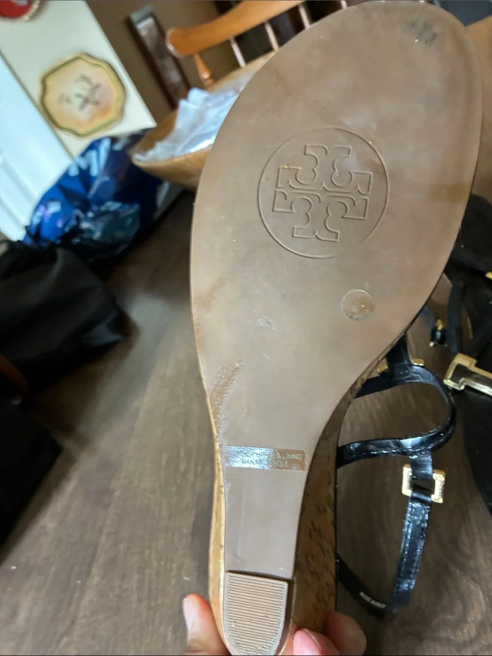 Tory Burch Black T-Strap Sandals with Gold Logo Accents